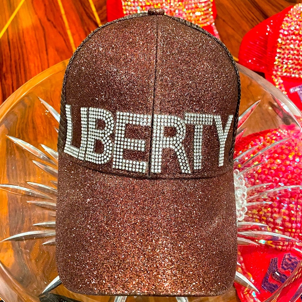 NWT “LIBERTY” -Bronze glitter 45th POTUS Donald Trump Rhinestone Bling Cap. MAGA
